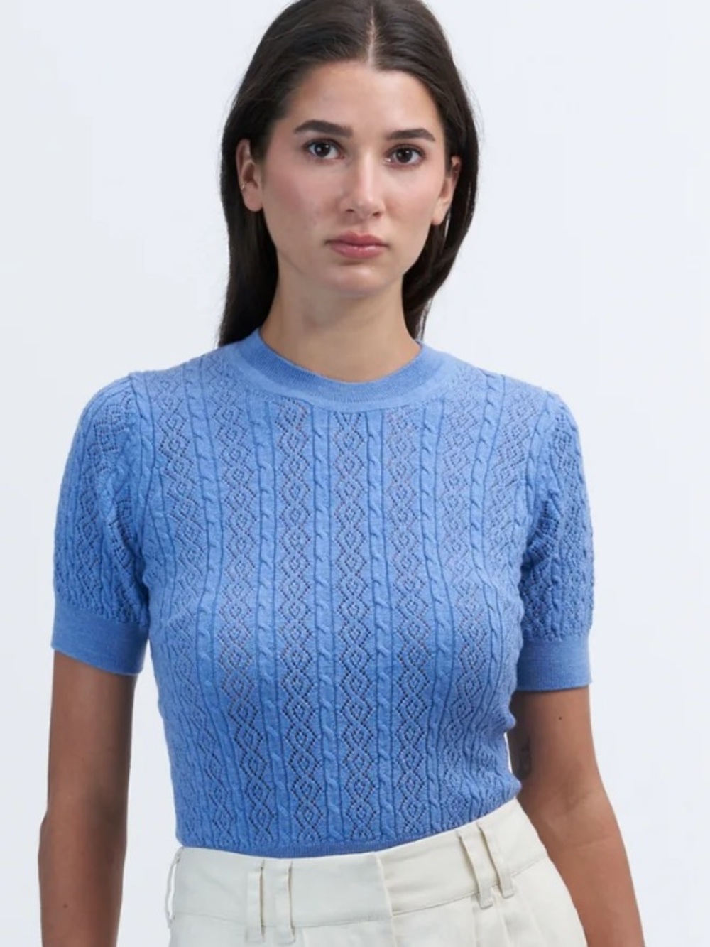Tanya Taylor Diane Knit Top in French Blue Periwinkle Pointelle Knit Merino Wool